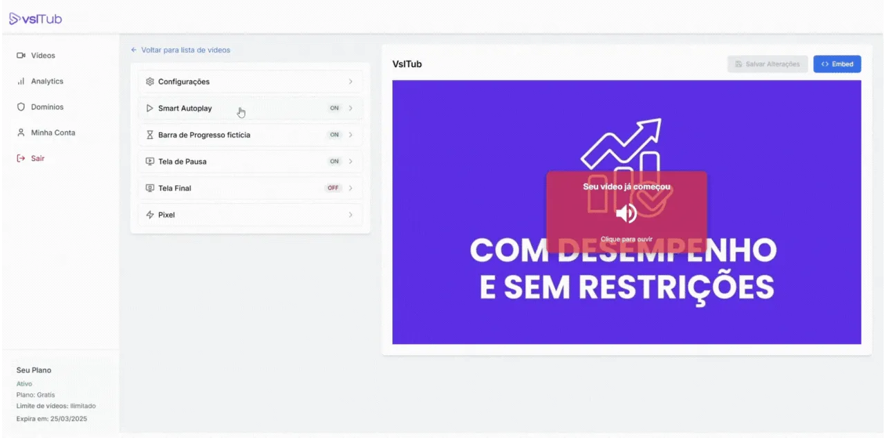 Demonstração do editor vslTub com controles e prévia do vídeo